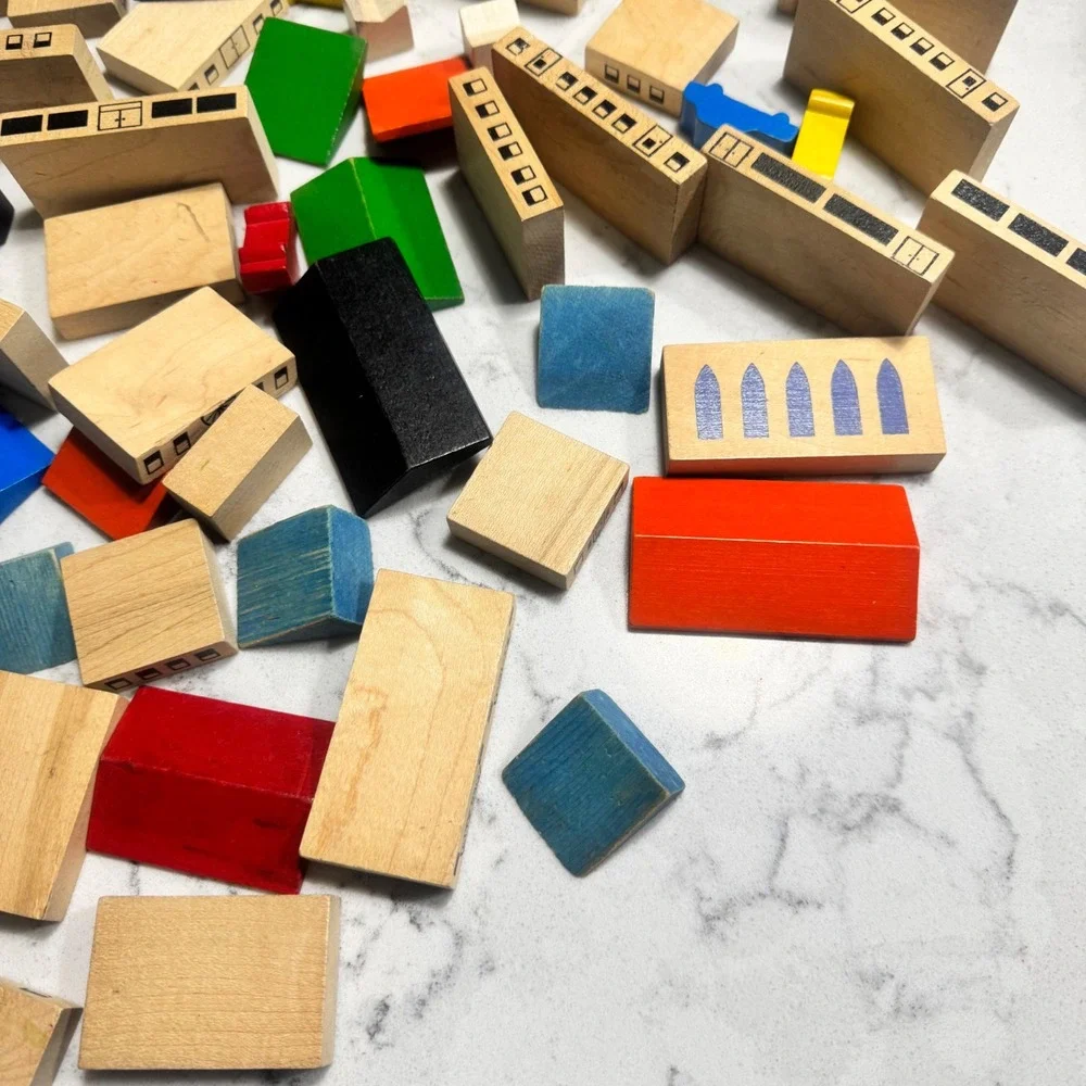 85 piece Vintage PLAYSKOOL VILLAGE Wood Building Blocks And Vehicles Montessori